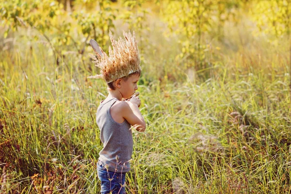 Little boy have a crown from dry grass on the head and swords in hands. Joy and play concept — Stock Photo, Image