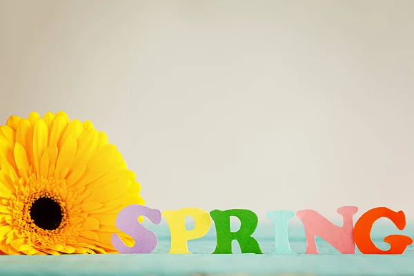 Frühlingspapier Wort mit gelben Blume auf dem Hintergrund. Hallo Frühling. FrühlingTapete. — Stockfoto