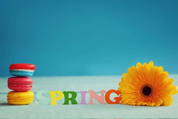 Palabra de papel de primavera con gerberas amarillas y macarrones sobre fondo azul. Hola primavera. Fondo de pantalla de primavera — Foto de Stock