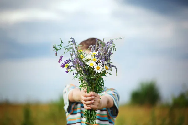 Little kid boy in meadow bouquet of flowers at the countryside. — Stock Photo, Image