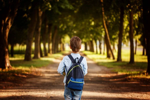 Little boy going back to school. Child with backpack and books. — Stock Photo, Image