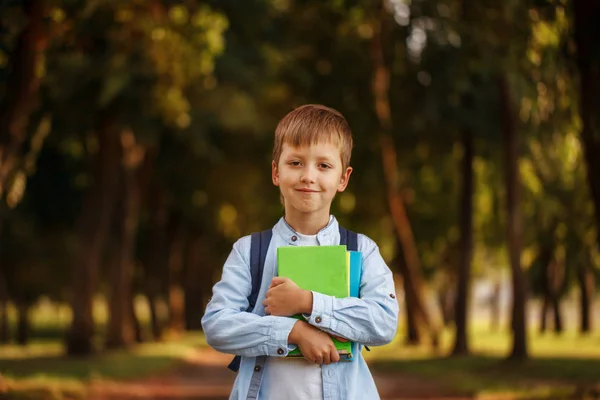 A kisfiú megy vissza az iskolába. Gyermek hátizsák és könyvek. — Stock Fotó