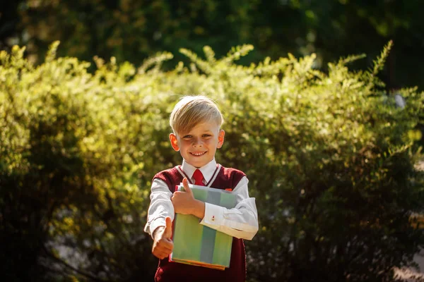 Little boy going back to school. Child with backpack and books on first school day. — Stock Photo, Image