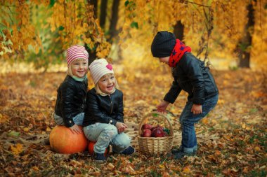 Üç arkadaş çocuklar sonbaharda yaprakları kabak ve elma ile