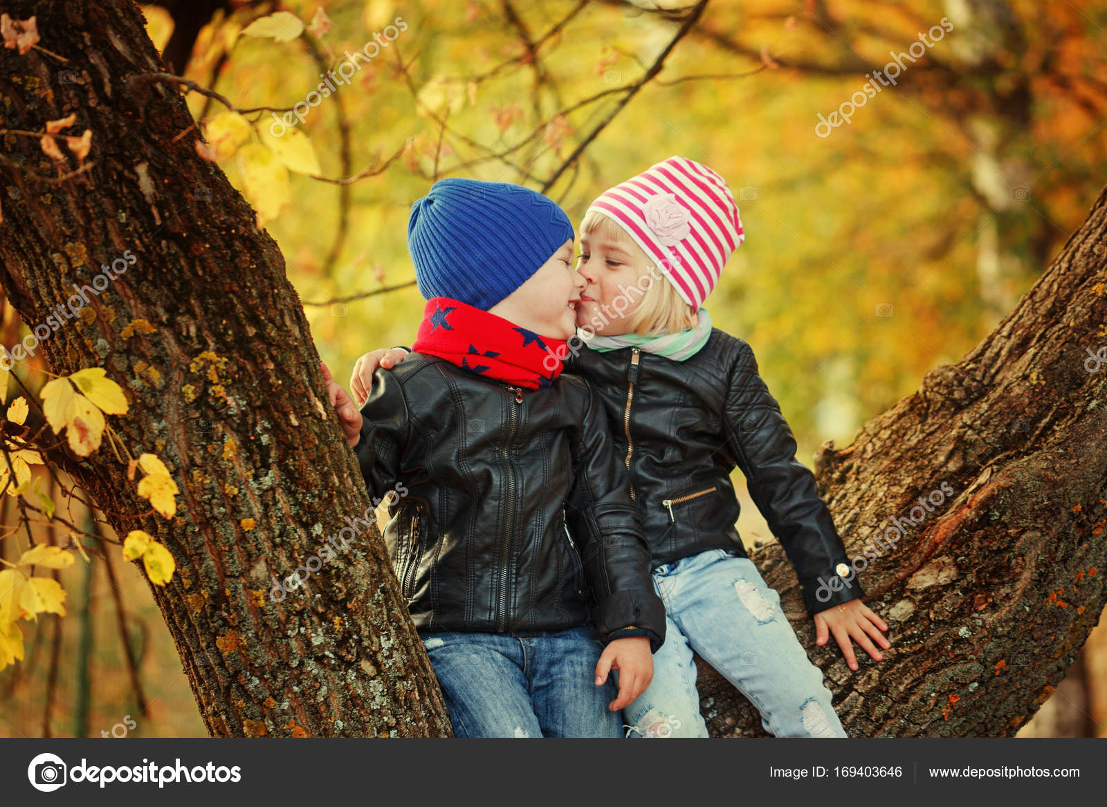 Маленький мальчик и девочка целуются сидя на дереве в