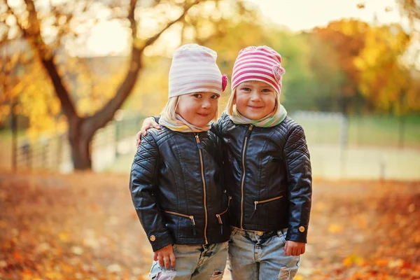 Portrait little twin sisters in autumn park. — Stock Photo, Image