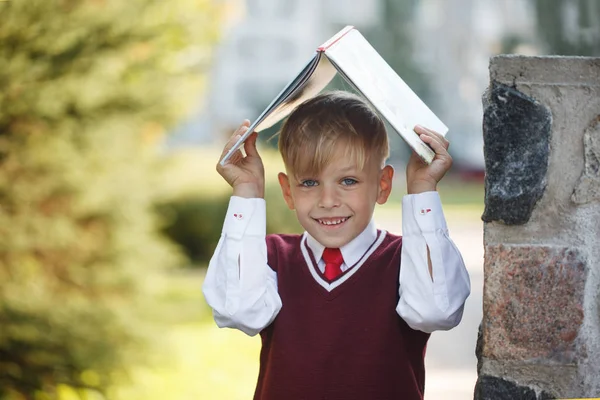 Портрет маленького школьника на природе. Ребенок в книгах и в форме. Образование для детей. Снова в школу — стоковое фото