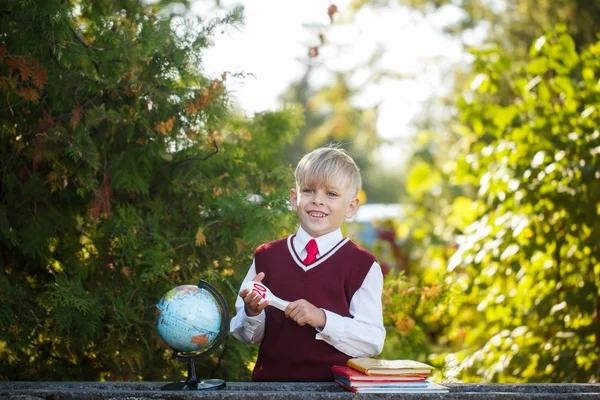 Adorable colegial con libros y globo al aire libre. Educación para niños. Regreso al concepto escolar . —  Fotos de Stock