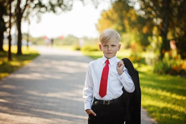 Little boy wearing business suit and red tie on nature background — Stock Photo, Image