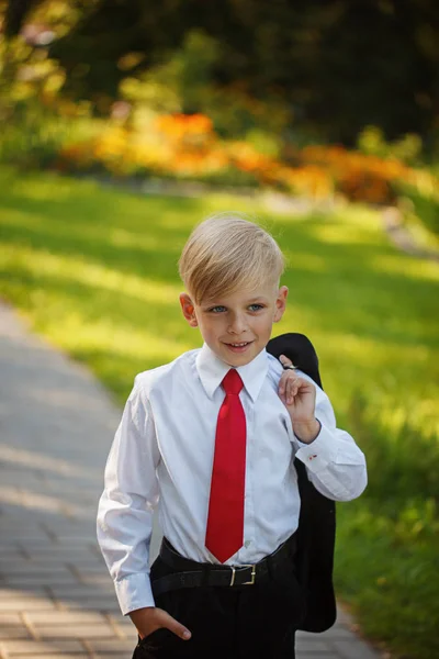 Malý chlapec nošení obleku a červené uvázat na pozadí přírody — Stock fotografie
