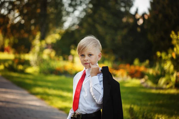 Portrait handsome little boy wearing business suit and red tie on nature background — Stock Photo, Image