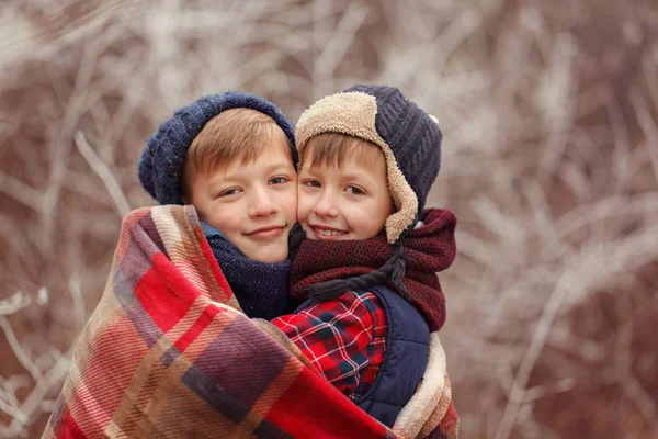 Два улыбающихся брата обнимают друг друга покрытыми теплым одеялом в зимний день . — стоковое фото