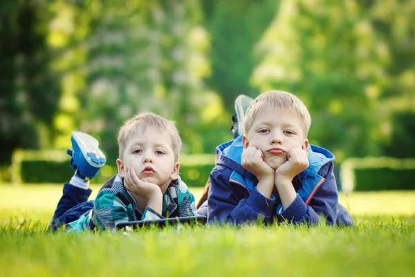 Fratelli che usano una tavoletta, erba yingon nel parco in giornata di sole — Foto Stock