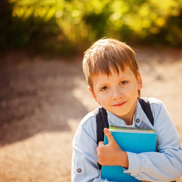 Littleschoolboy πορτρέτο με σακίδιο και βιβλία. Σε εξωτερικούς χώρους — Φωτογραφία Αρχείου