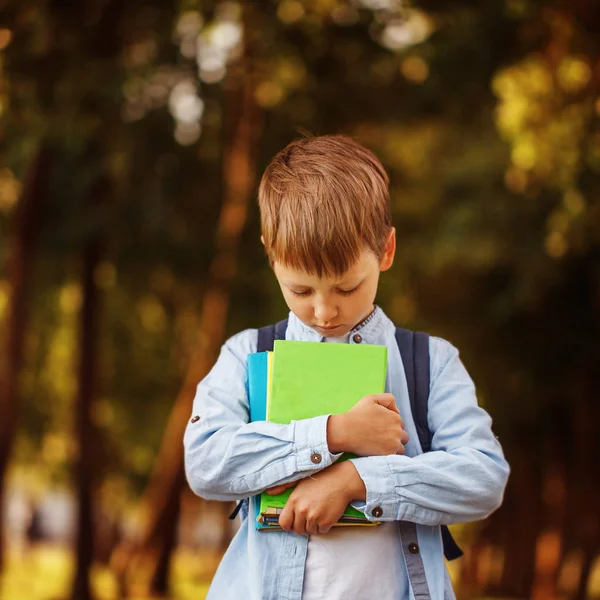 Liten pojke gå tillbaka till skolan. Barn med ryggsäck och böcker. — Stockfoto
