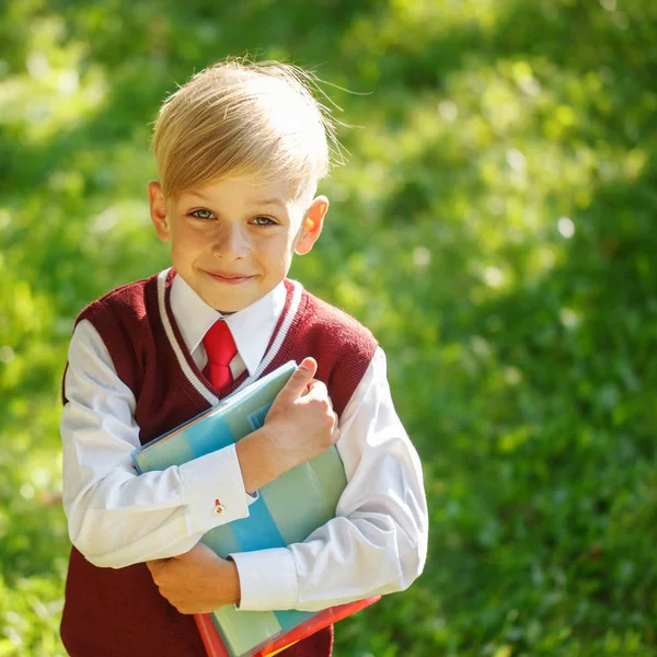 Portrait little schoolboy on nature background. Child with books — Stock Photo, Image
