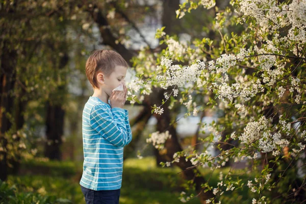 Concetto Allergia Ragazzino Sta Soffiando Naso Vicino Fiori Fiore — Foto Stock