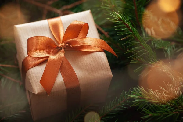 Noel hediyesi ya da köknar dallarına sarılı hediye paketi.