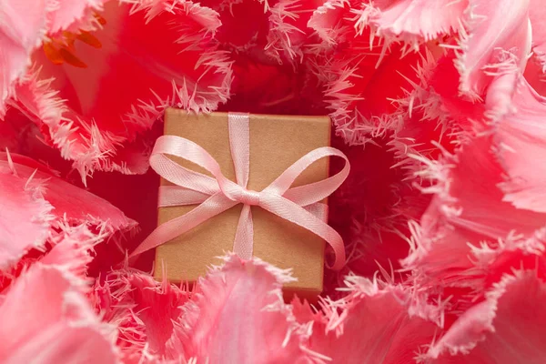Cadeau Doos Verpakt Met Ambachtelijk Papier Roze Strik Roze Tulp — Stockfoto