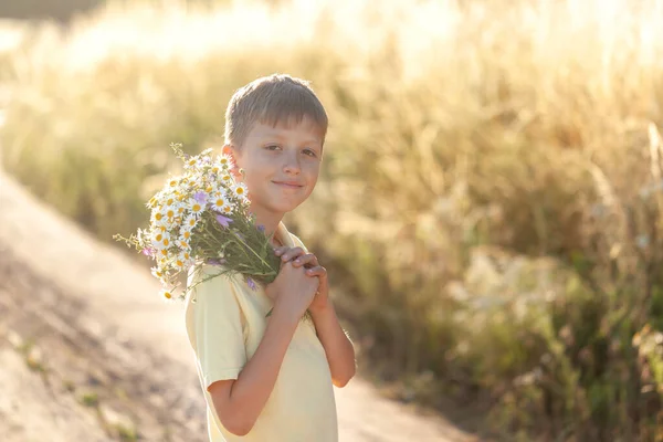 Ragazzino Tenendo Bel Mazzo Campi Camomilla Fiori Giorno Estate — Foto Stock