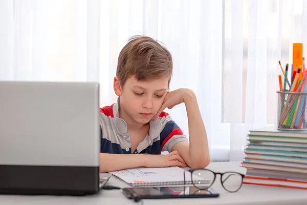 Portre Çocuk Bilgisayarda Masada Oturuyor Evde Ders Çalışıyor Bir Yığın — Stok fotoğraf