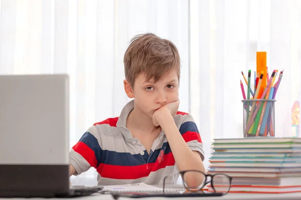 Portrait Kid Sitting Table Computer Studying Home Tired Schoolboy Pile — Stock Photo, Image
