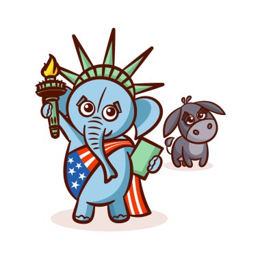 Elephant and Donkey. Symbols of Democrats and Republicans. Political parties in United States. Illustration for election, debate America. The Statue of Liberty. USA flag clipart