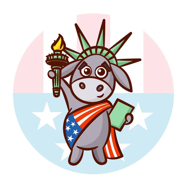 Donkey Symbols of Democrats Partiti politici negli Stati Uniti. Illustrazione per le elezioni, dibattito America. La Statua della Libertà. Bandiera USA — Vettoriale Stock