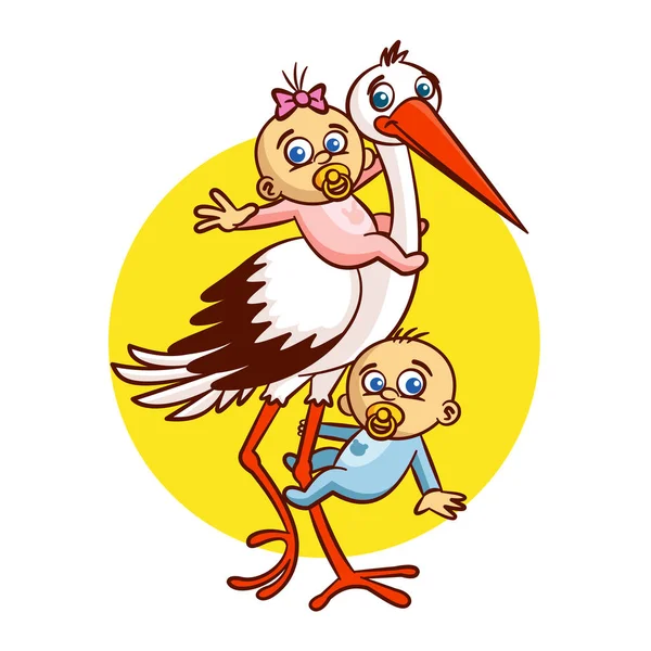 Аист с малышом и девочкой-наклейкой — стоковый вектор