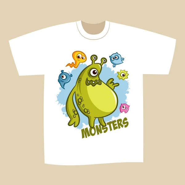 T-shirt Print Design Cartoon Cute Monsters — Stock Vector