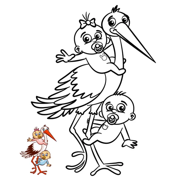 Stork with Babies Boy and Girl Coloring Book (em inglês). Personagem cômico isolado no fundo branco — Vetor de Stock