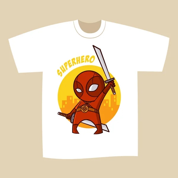 T-shirt bianca stampa disegno supereroe ninja — Vettoriale Stock