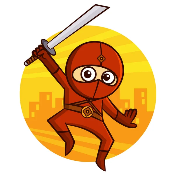 Superhero Red Ninja dengan tongkat lompat pedang - Stok Vektor