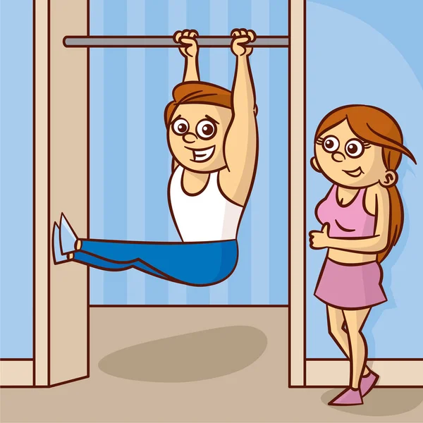Νεαρός άνδρας και γυναίκα ασχολούνται με γυμναστήριο. Αναδιπλούμενες — Διανυσματικό Αρχείο