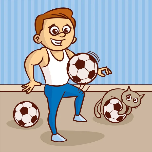 Young man in white undershirt plays with soccer ball — Stock Vector