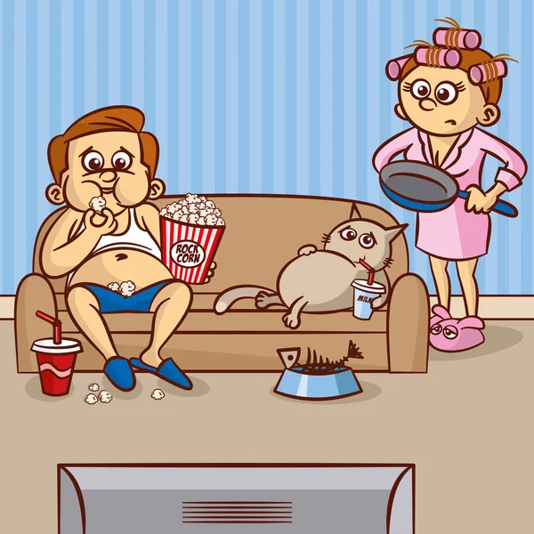 Gruby mężczyzna siedzi na kanapie i jedzenie popcorn. Kot napoje mleczne — Wektor stockowy