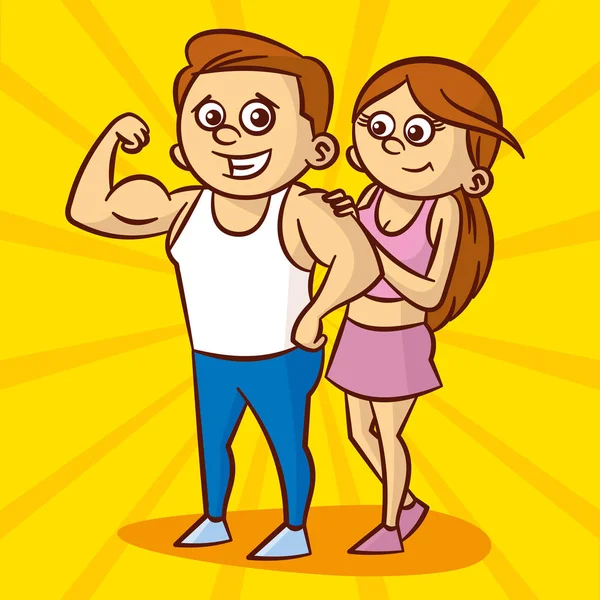 Portrait of beautiful athletic couple. man shows his muscles — Stock Vector
