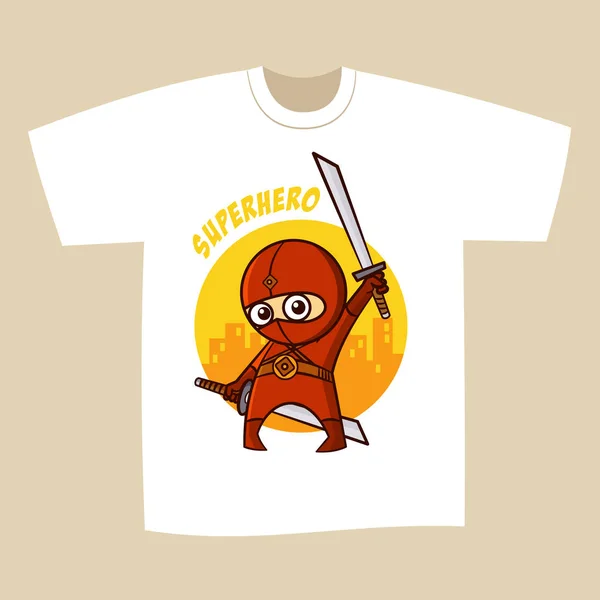 T-shirt bianca stampa disegno supereroe ninja — Vettoriale Stock