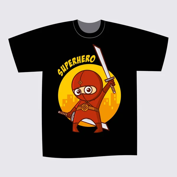 T-shirt nero stampa disegno supereroe ninja — Vettoriale Stock