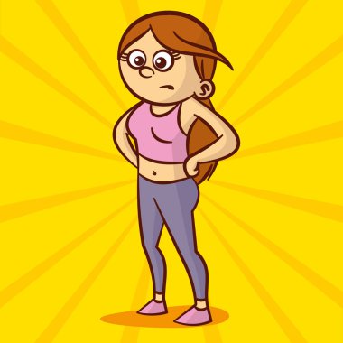 Bel üzerinde ellerini tutarken kızgın genç kadın. Tam uzunlukta portre