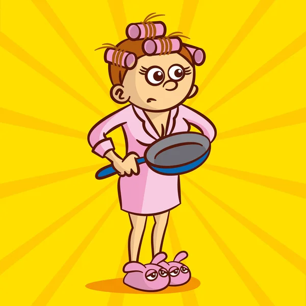 Junge wütende Hausfrau in Lockenwicklern und Morgenmantel mit Bratpfanne — Stockvektor
