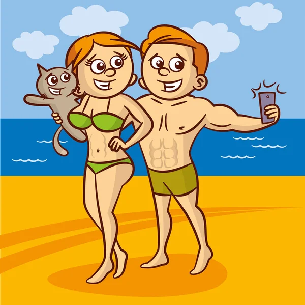 Casal jovem e gato fazendo um auto-retrato com um telefone celular na praia — Vetor de Stock