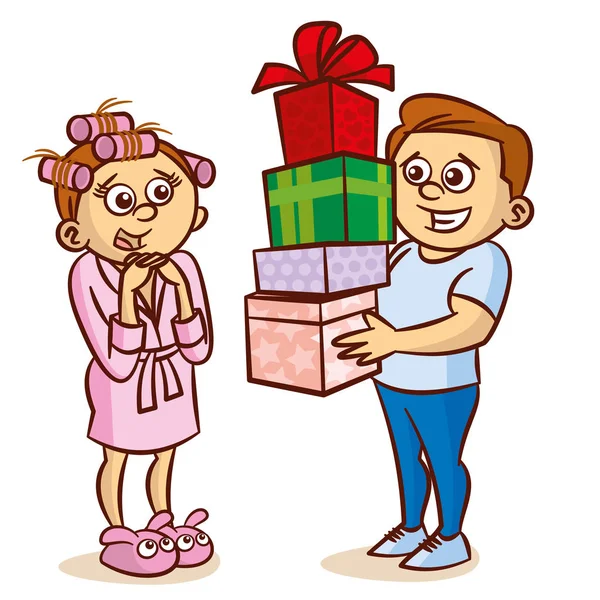 Hombre dando regalo de mujer joven — Vector de stock