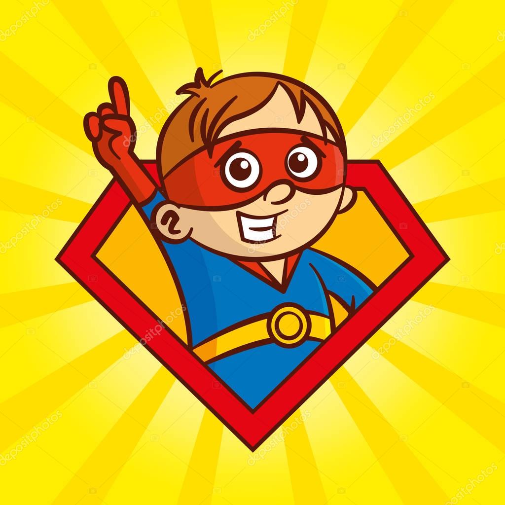 Superhero character boy logo, pop art background Vector