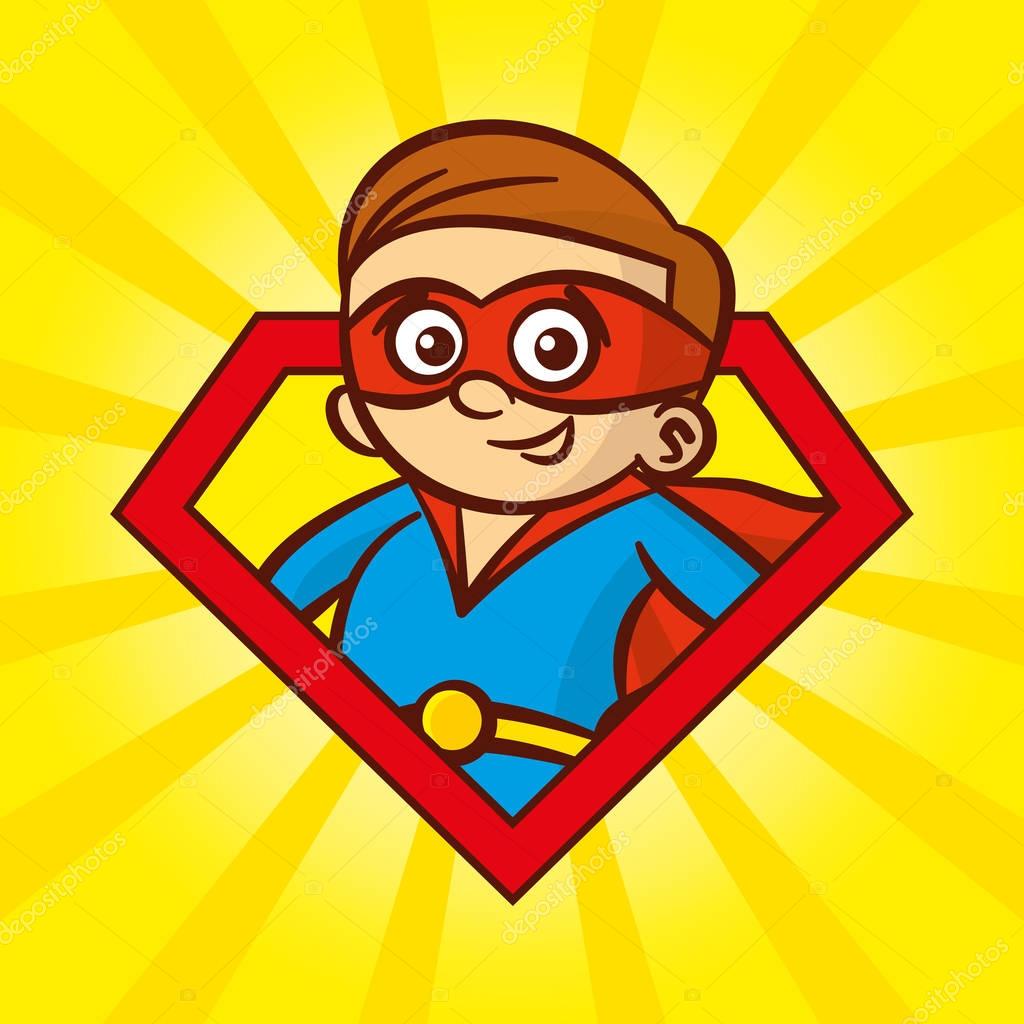 Superhero character man logo, pop art background Vector