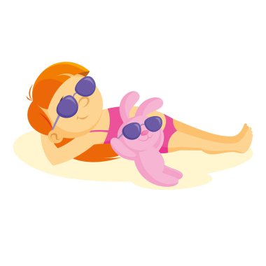 Kumsalda güneşlenirken küçük kız. Vektör