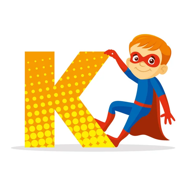 ABC Brev K Superhjälte pojke tecknad karaktär vektor illustration — Stock vektor