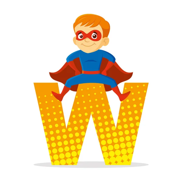 ABC Carta W Superhero Boy Personagem de desenhos animados Ilustração vetorial — Vetor de Stock