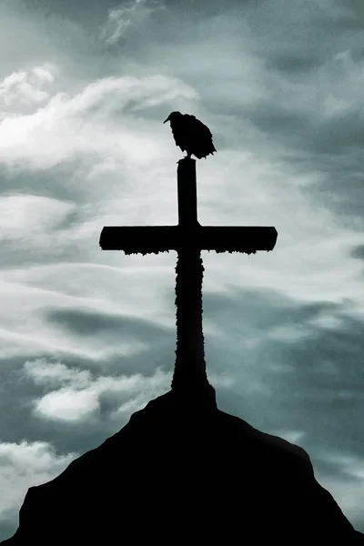 Bird at Top of Cross Church Graphic Silhouette — Stock Photo, Image