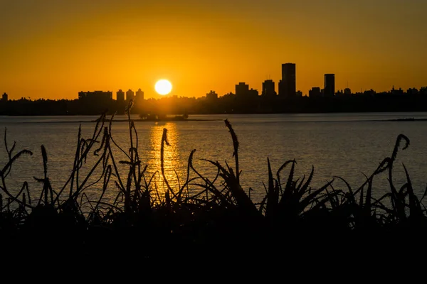 Stadtlandschaft bei Sonnenuntergang, montevideo, uruguay — Stockfoto